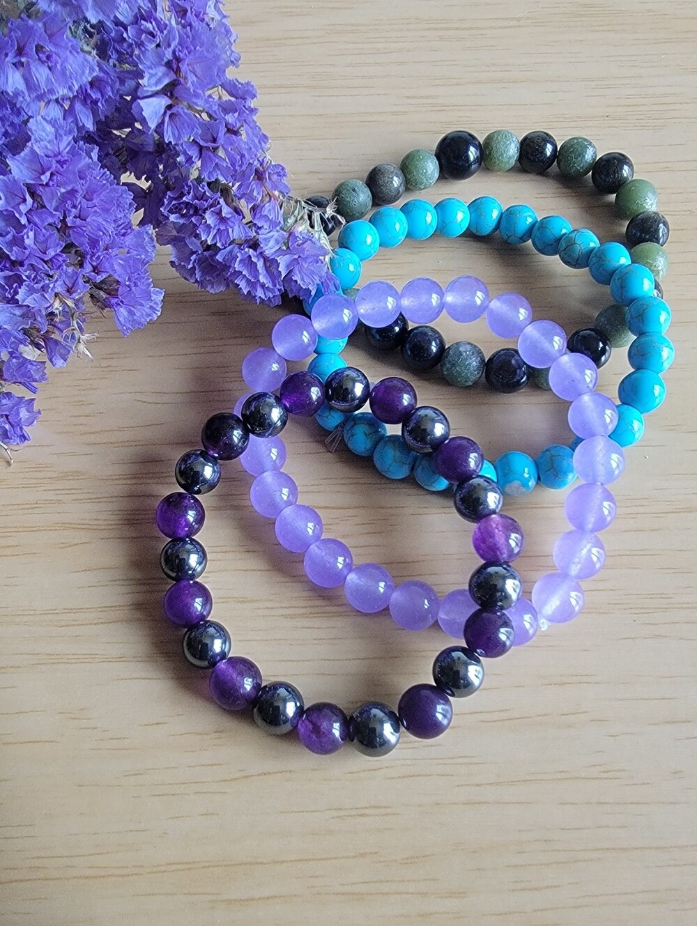 Handcrafted Set Of 4 Stone Beaded Stretch Bracelet Stack